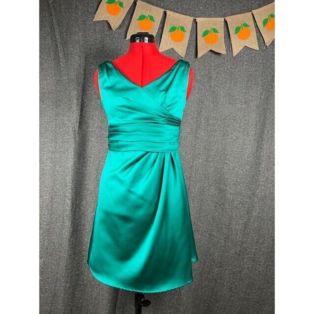 Davids Bridal Satin TEAL Ruched Bridesmaid Cocktail Holiday Party Dress Size 4 - Picture 2 of 10